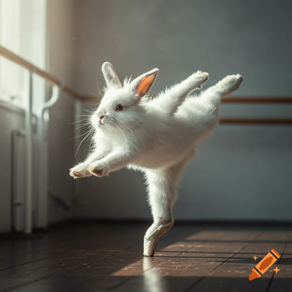 A white bunny in a ballet pose on pointe shoes in a sunlit studio