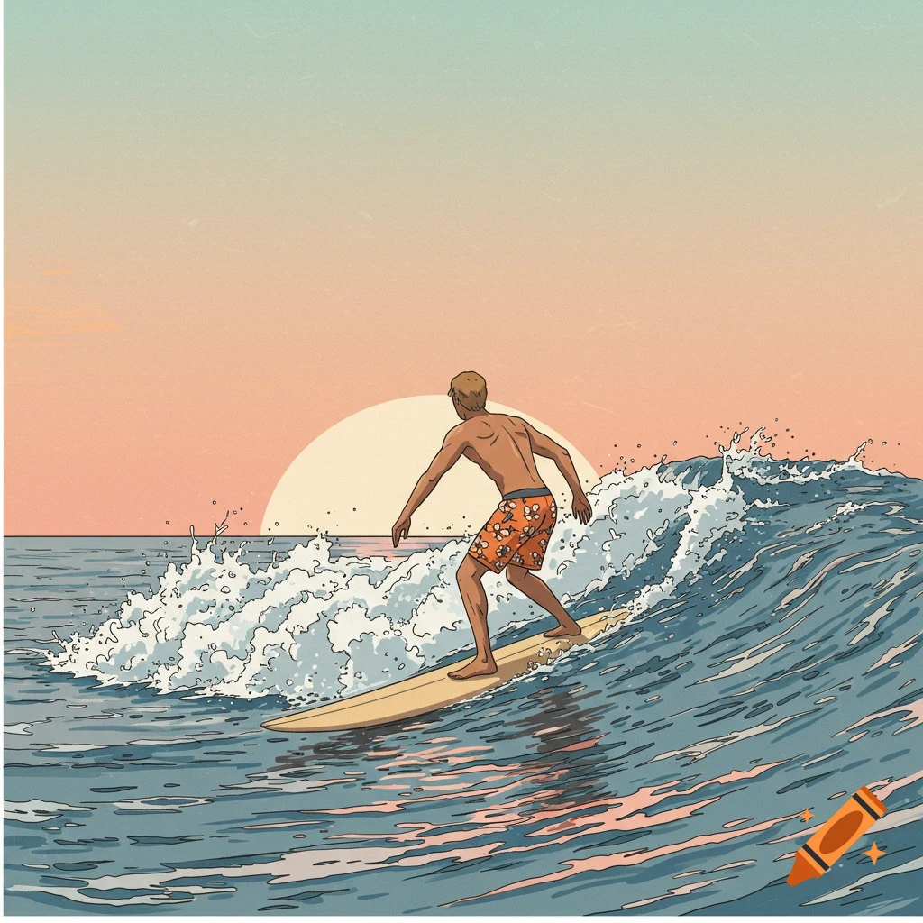 Retro illustration of a surfer riding a wave on a longboard at sunset.