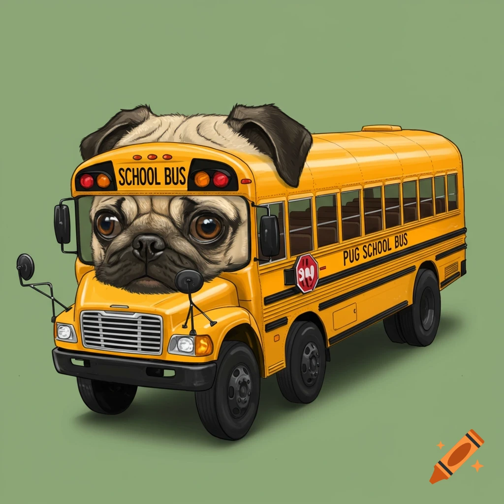 A pug head on a yellow school bus against a green background.