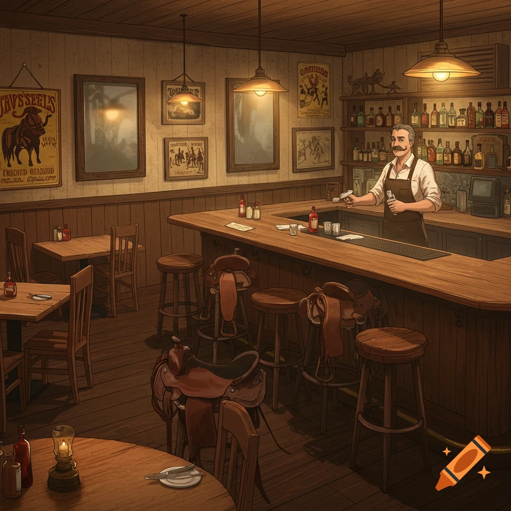 A rustic Western saloon with a bartender behind the bar and saddles on bar stools.