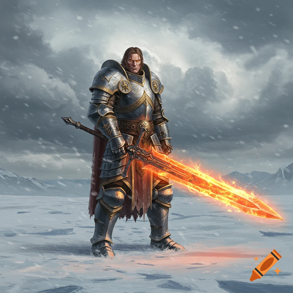 A fully armored paladin stands in a snowy tundra, wielding a flaming greatsword.