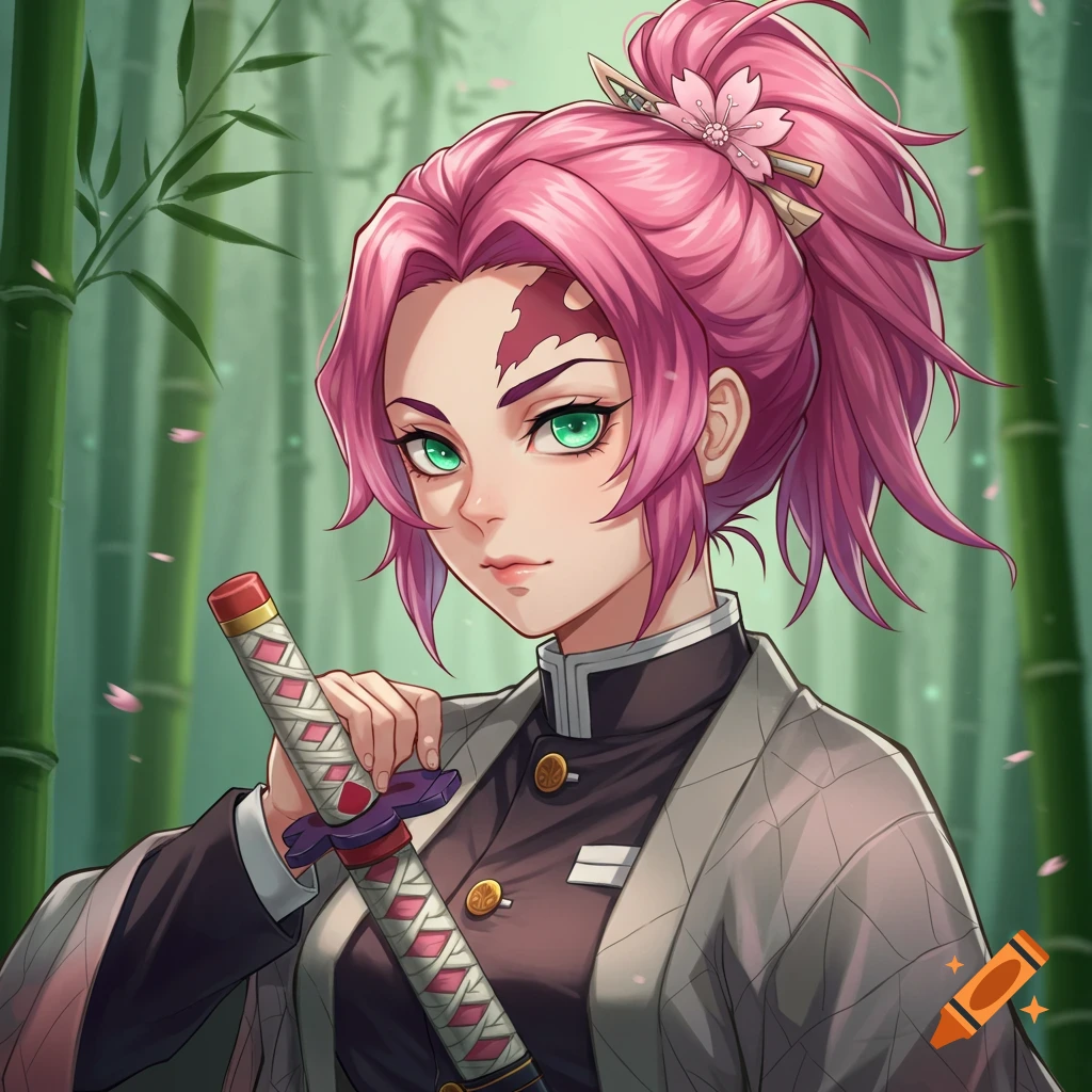 Anime girl with pink hair and green eyes holding a sword in a bamboo forest.