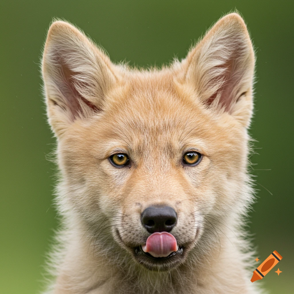 Close-up portrait of a wolf cub licking its nose against a green background.