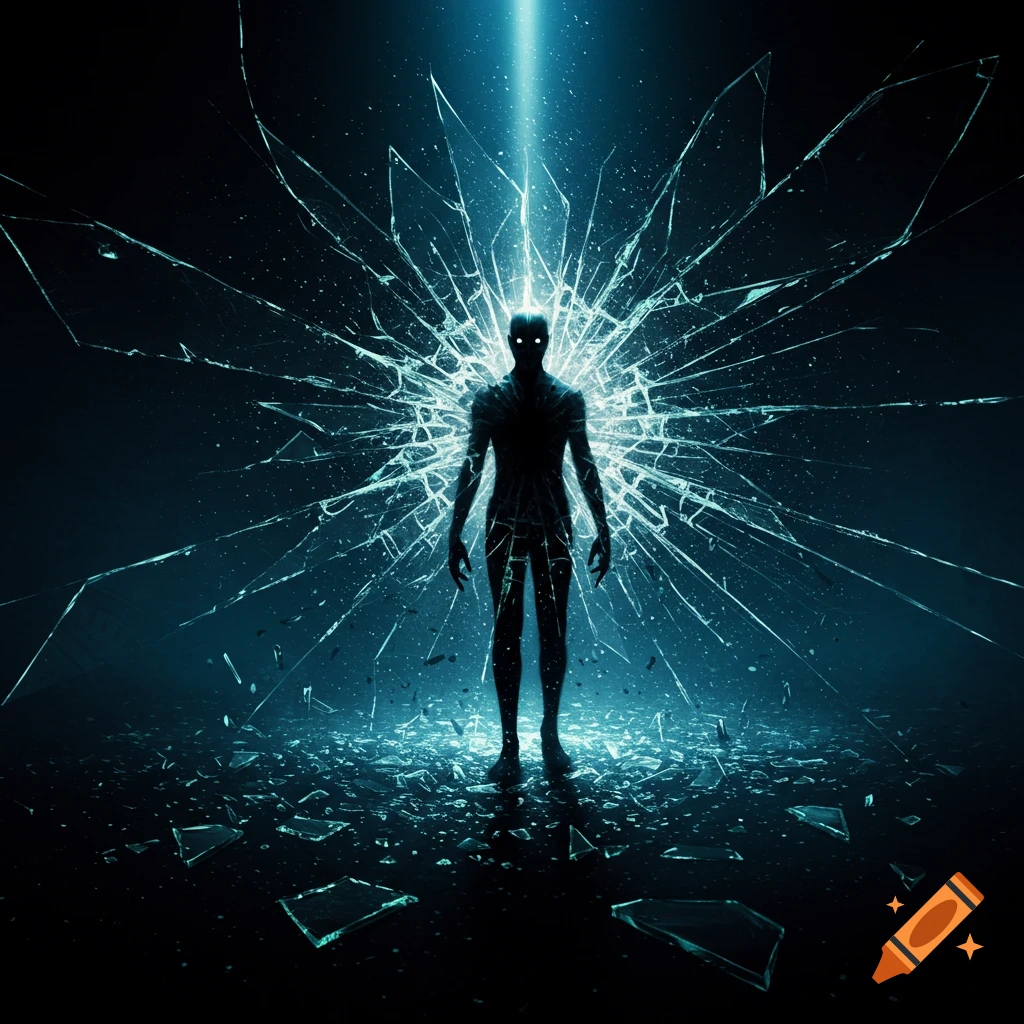 A dark figure shattering through glass with a bright light beam.