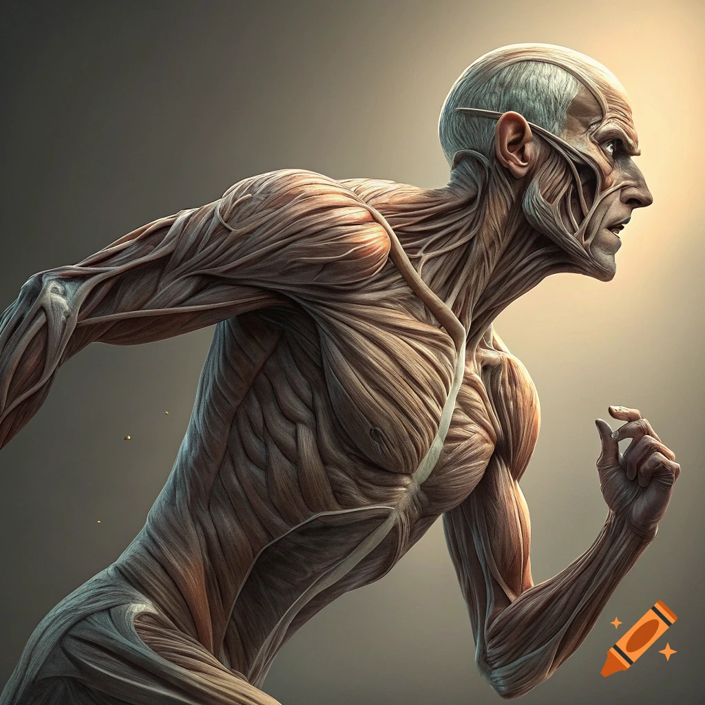 An anatomical depiction of a muscular human figure running in profile, with dramatic lighting.