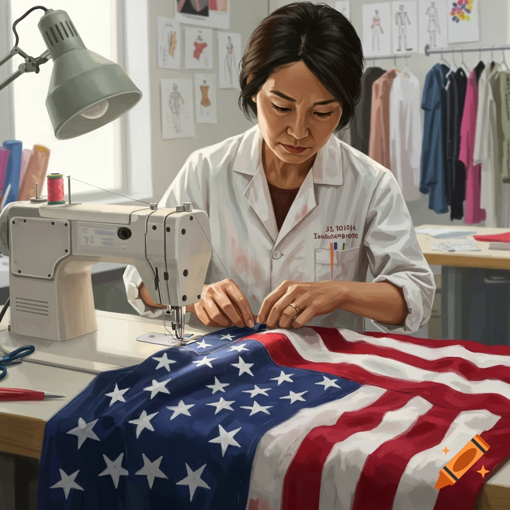 A designer sewing an American flag on a sewing machine.