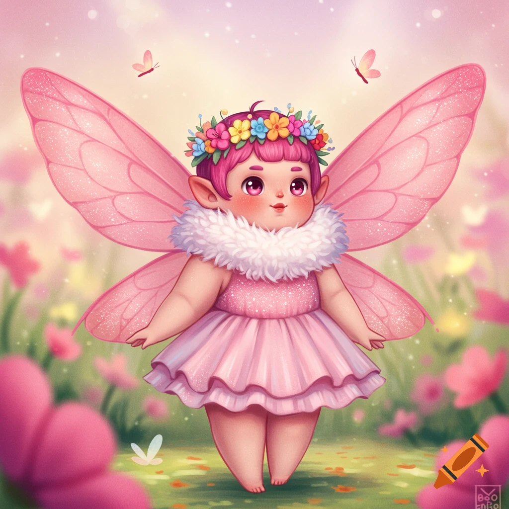 A cute pink fairy with butterfly wings, floral crown, and pink dress stands in a pastel garden with butterflies.