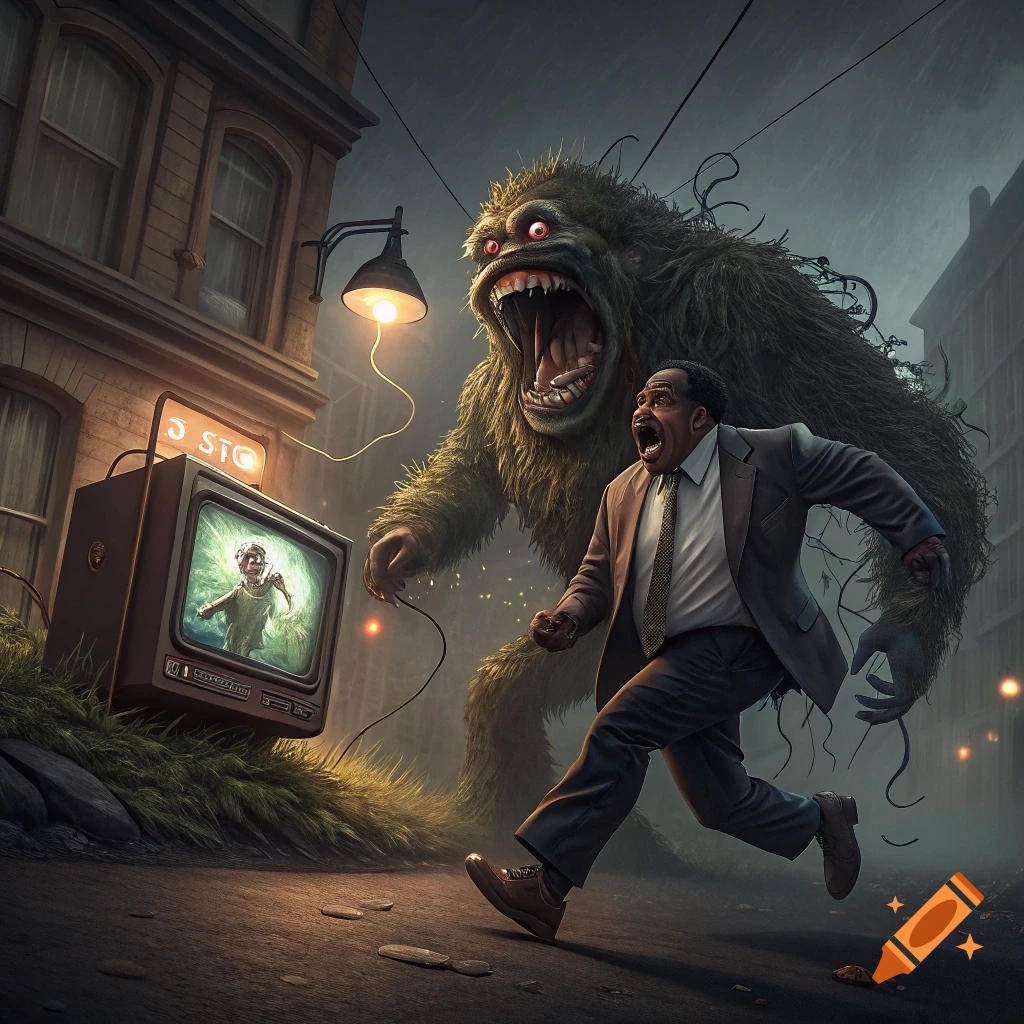 A man in a suit runs terrified down a street away from a giant hairy monster with glowing red eyes. An old television on the street corner plays a video.