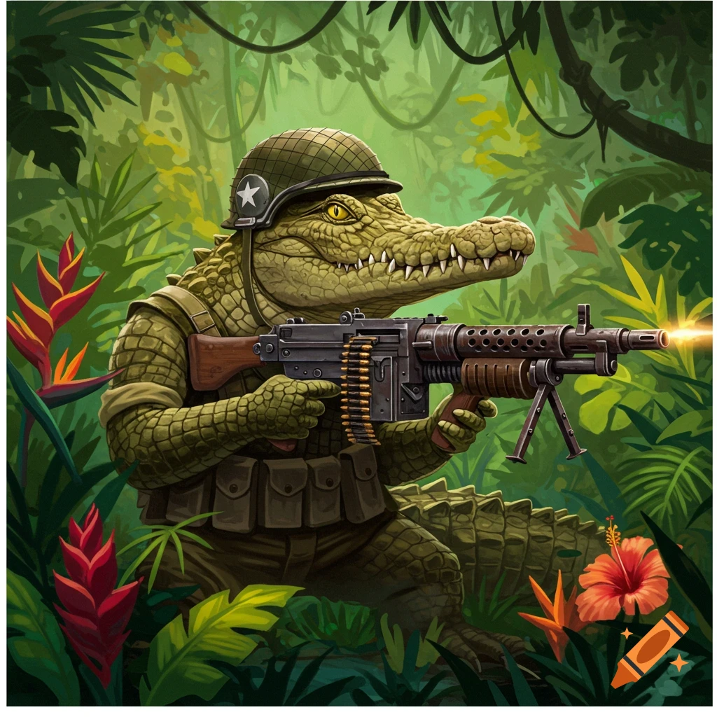 A crocodile wearing a helmet and military vest, holding a machine gun in a jungle setting.