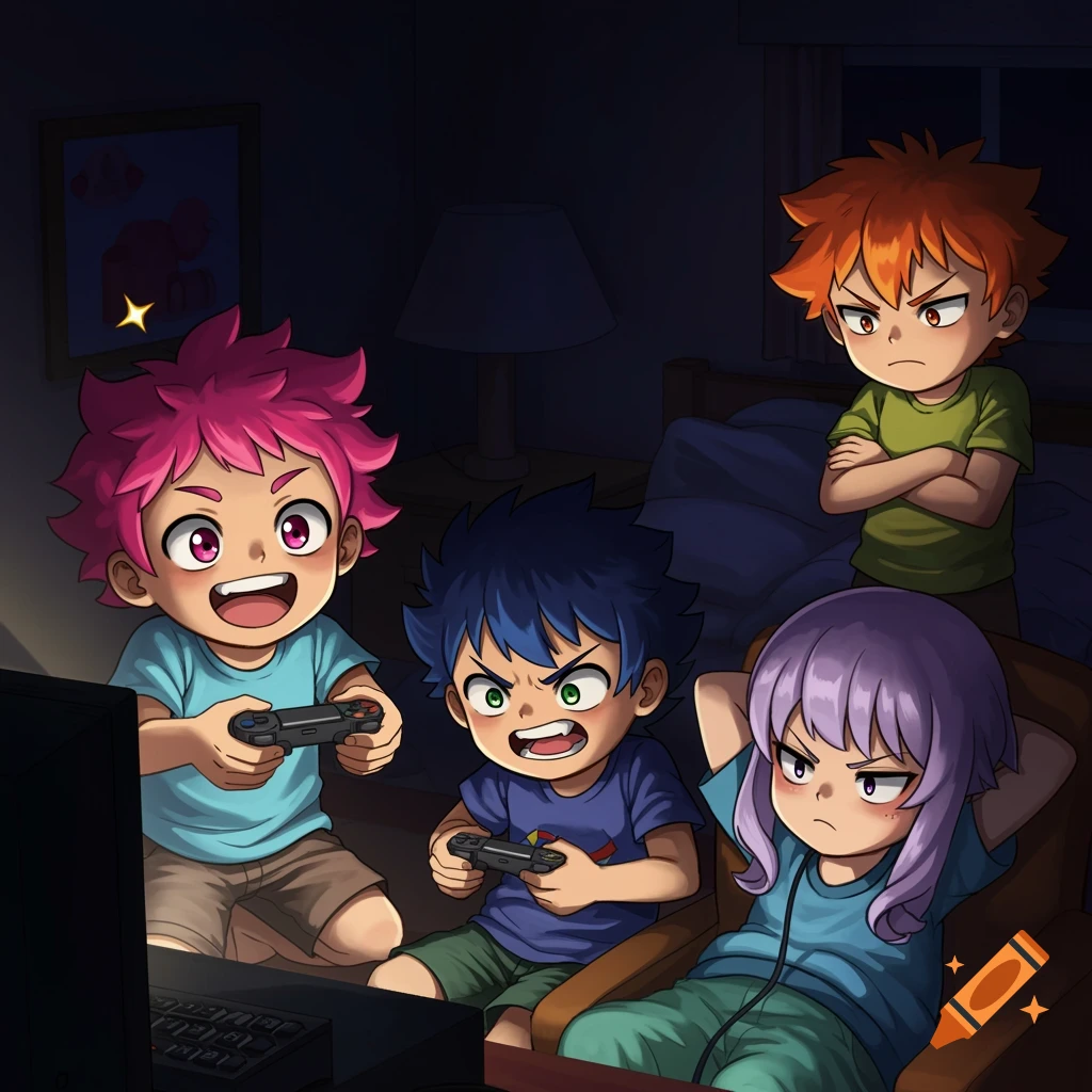 Four anime children play video games in a dimly lit room, showing various emotions.