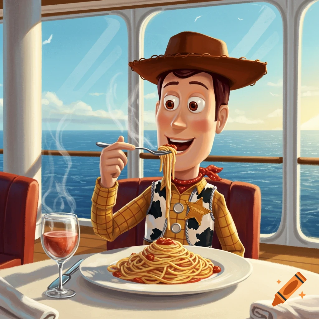 Woody from Toy Story eats spaghetti on a cruise ship.
