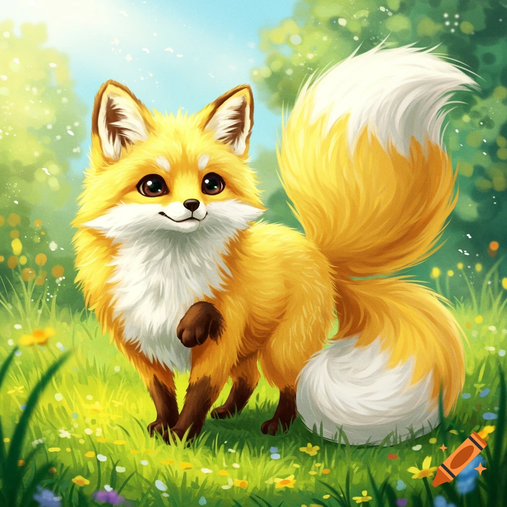 A cute yellow and white fox with two bushy tails stands in a grassy field.
