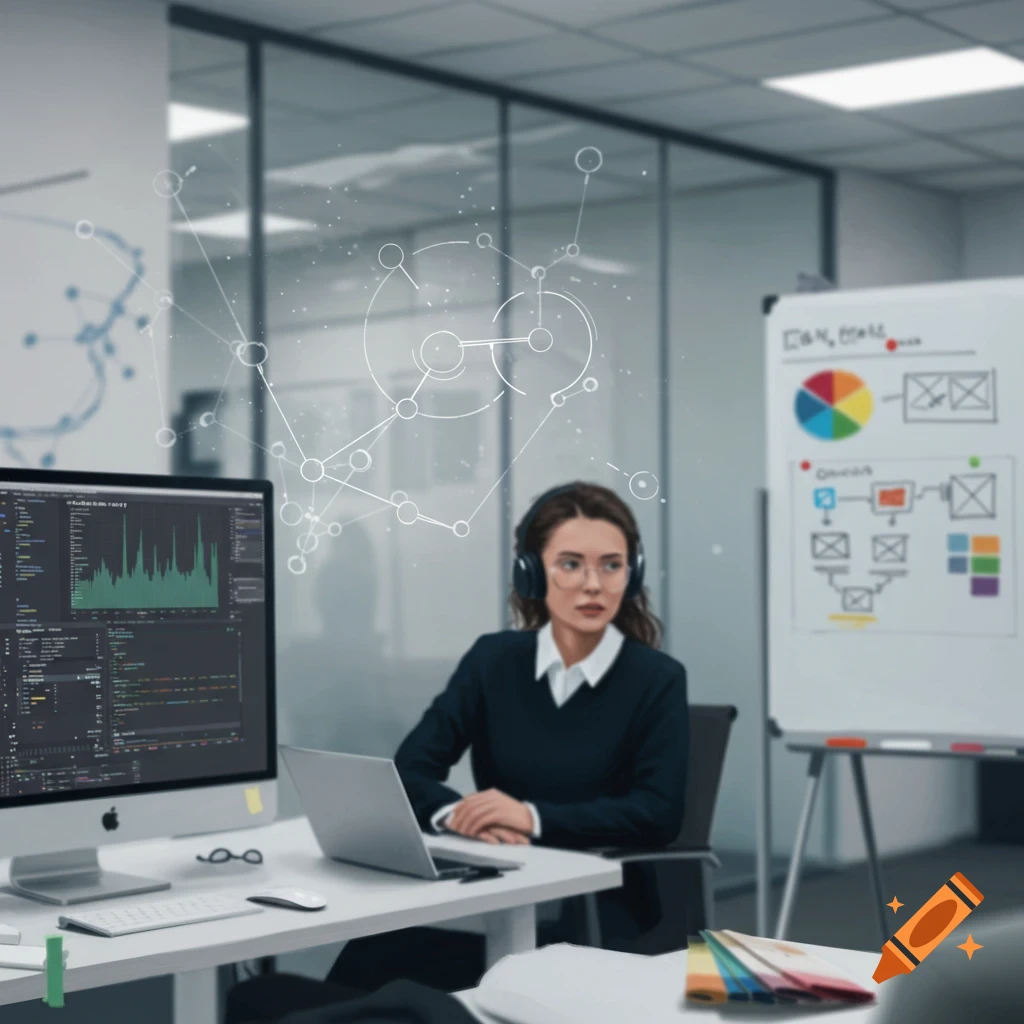 Woman in office with computers and floating data graphics. Whiteboard with diagrams in background.