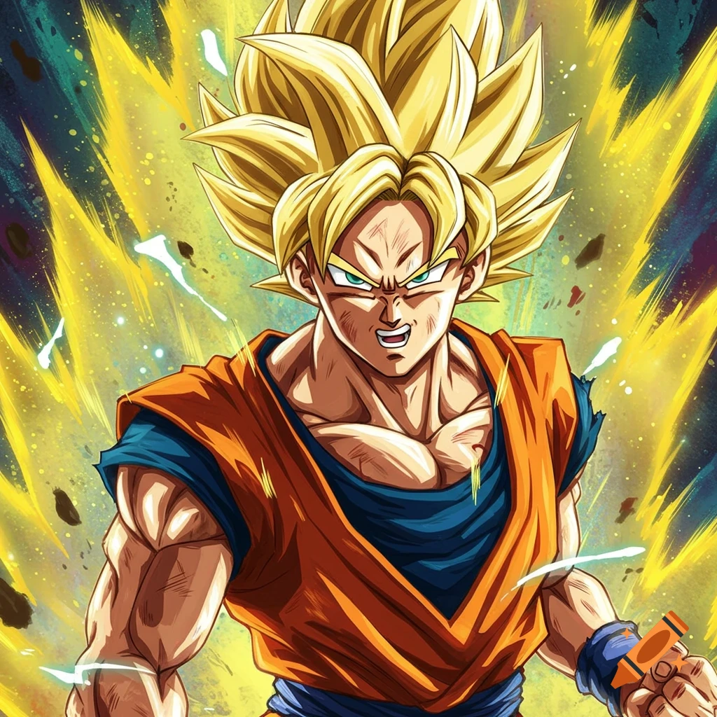 Goku in Super Saiyan form powering up with yellow energy.