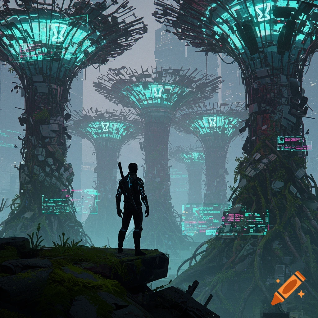 Figure overlooking futuristic city with glowing tech trees.