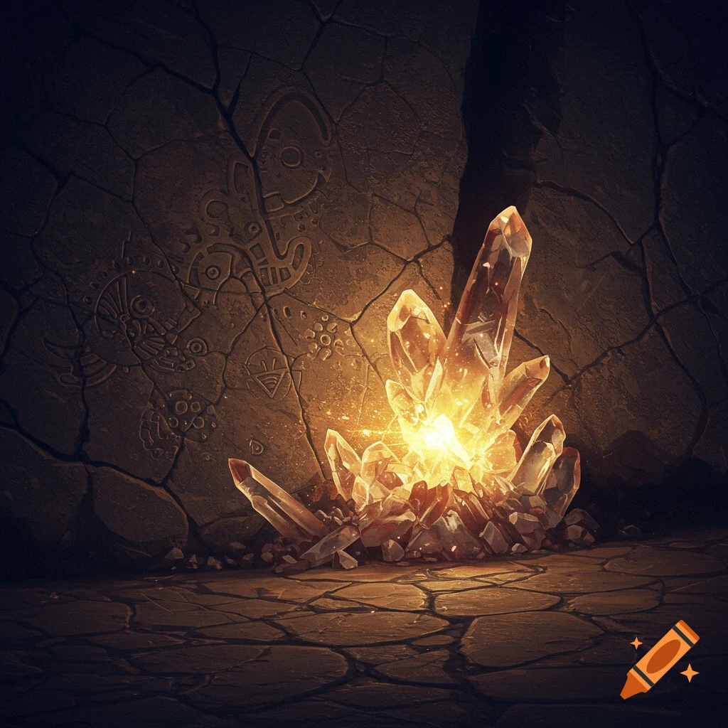 Glowing crystals on a cave floor with ancient symbols on the wall.
