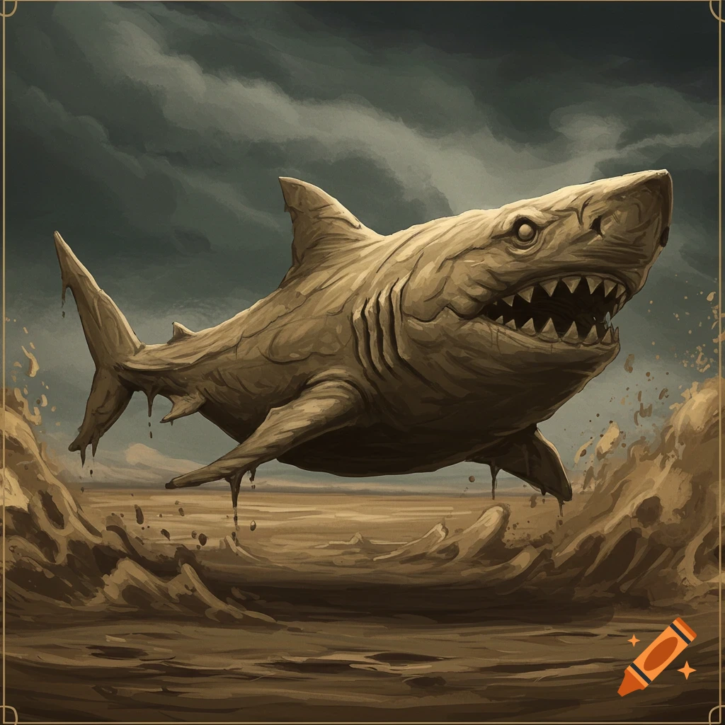 A shark made of mud is in a sandy landscape under a stormy sky.