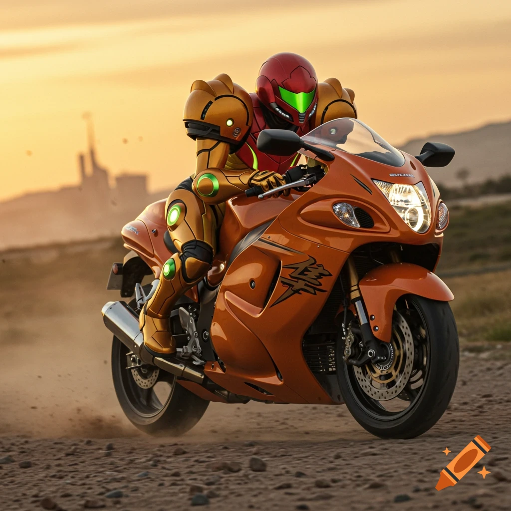 Samus Aran rides an orange Suzuki Hayabusa motorcycle on a dirt road at sunset.