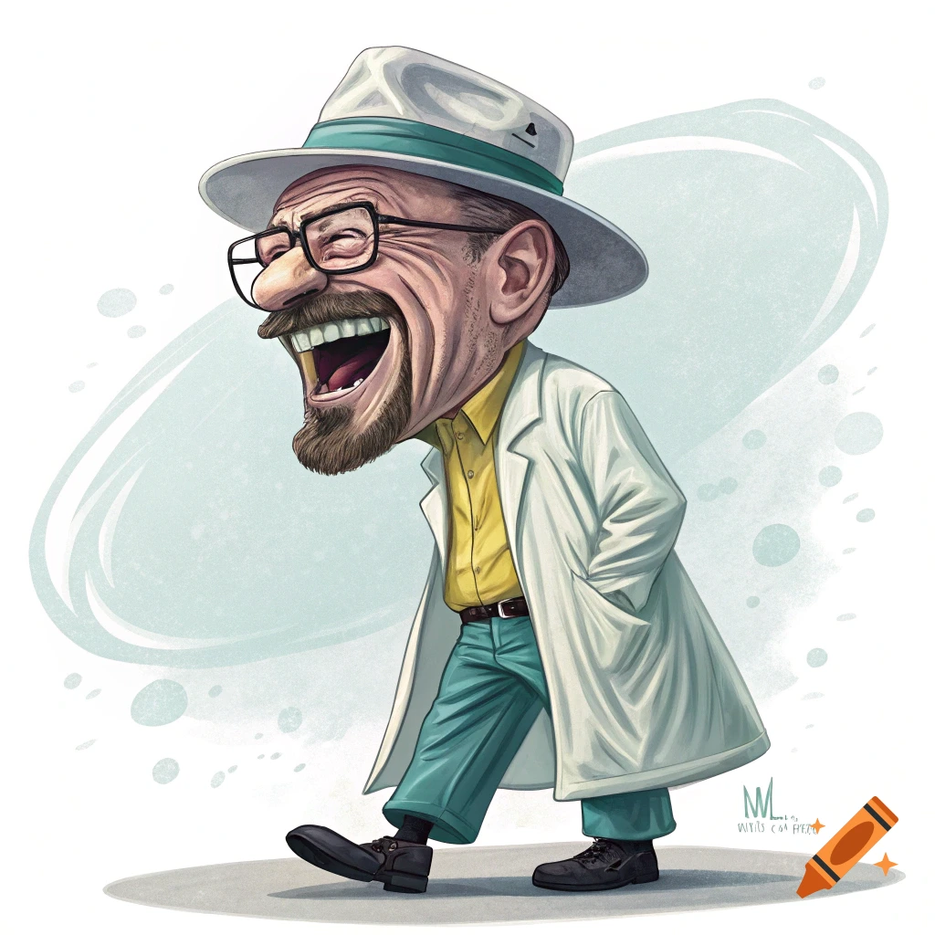 Caricature of Walter White laughing in hat and lab coat.