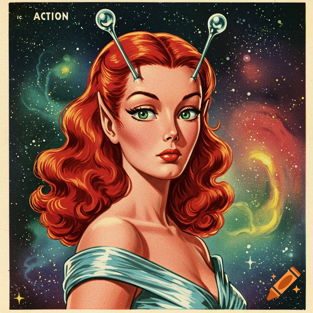 Vintage sci-fi illustration of a red-haired alien woman with pointed ears and antennas, against a starry space background.