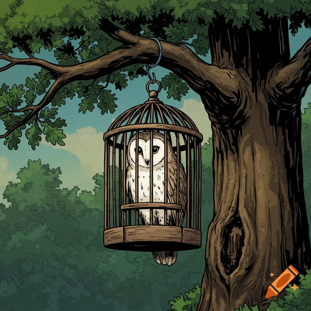 A comic drawing of an owl in a cage hanging from a tree branch in a forest.