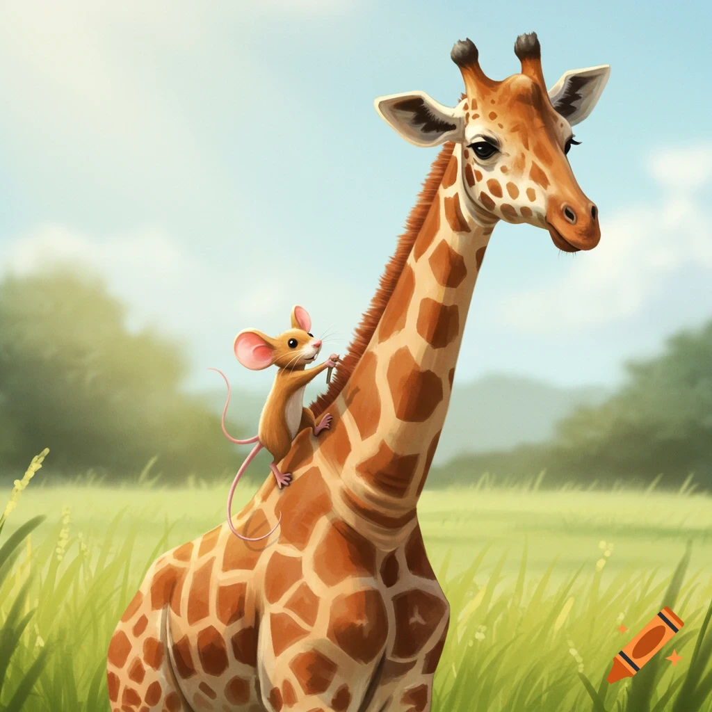 A mouse on a giraffe's neck in a grassy field.