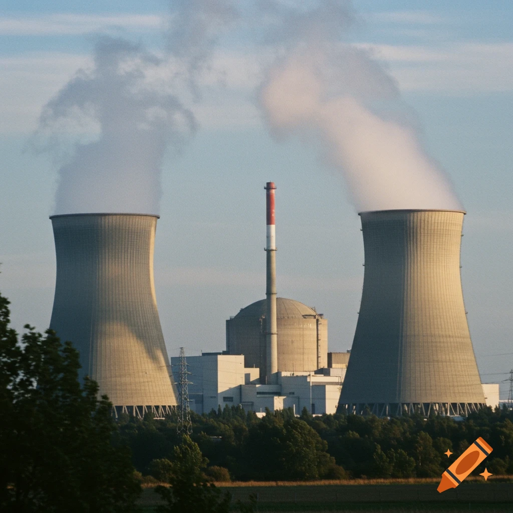A nuclear power plant with two cooling towers releasing steam, a reactor building, and trees in the foreground under a clear sky.
