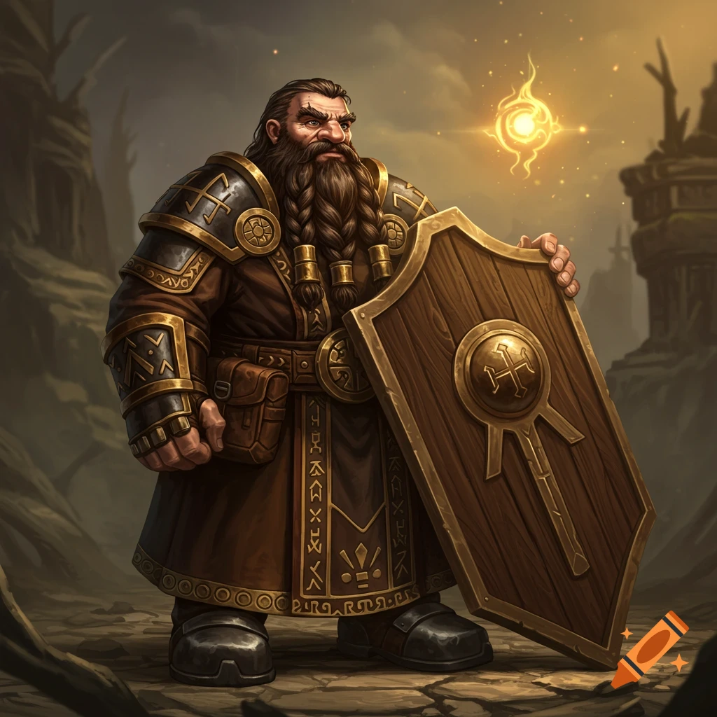 A powerful dwarf priest holding a shield in a fantasy setting with glowing magic.