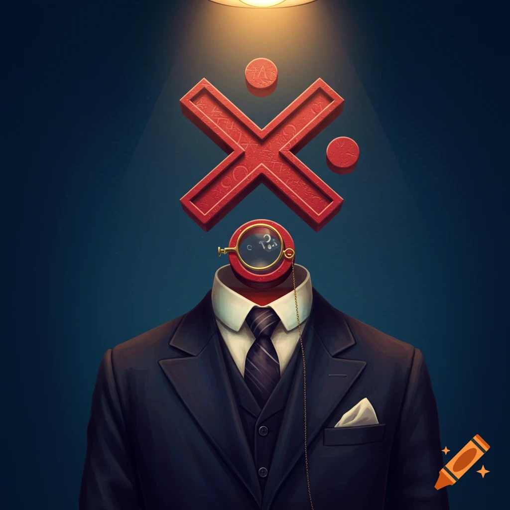 A person in a dark suit with a large red multiplication symbol for a head, wearing a monocle and tie, under a spotlight.