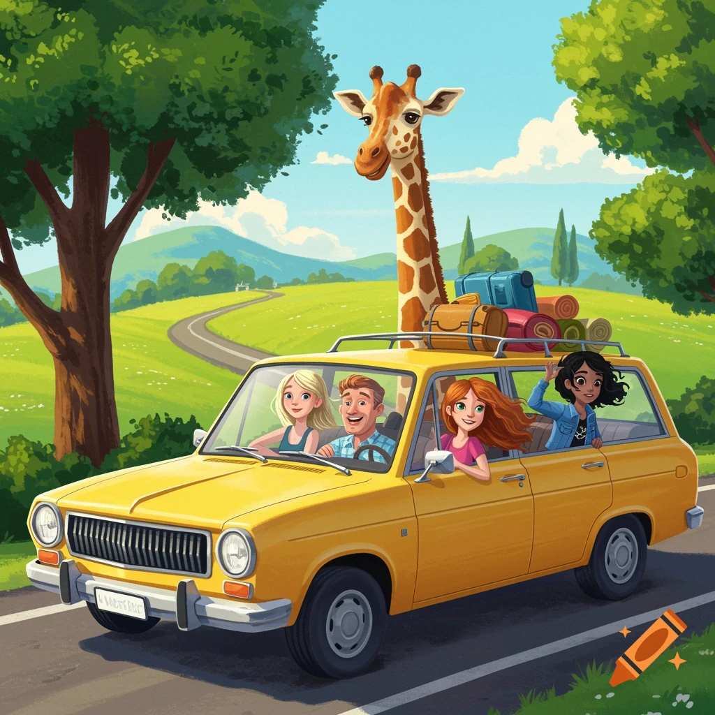 A family and a giraffe are on a road trip in a yellow car in a sunny countryside. Illustration.