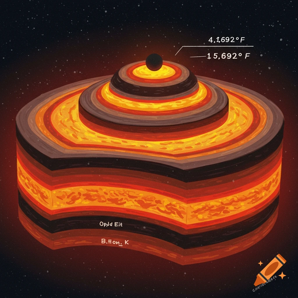 A cross-section of layered hot rock or planet core, with illegible text labels.