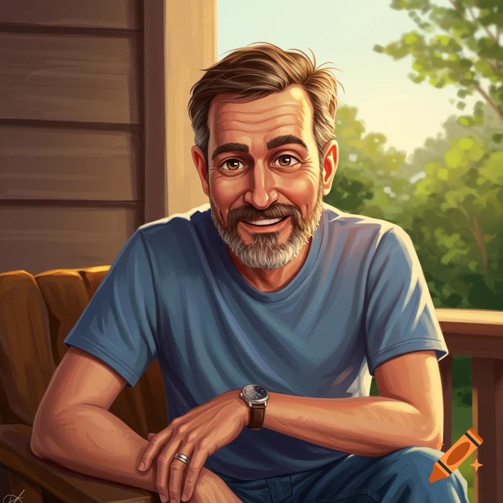 A smiling man with a beard wearing a blue shirt, sitting on a porch.