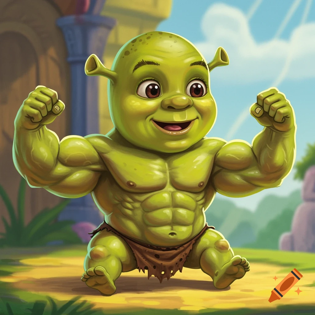 A muscular baby Shrek flexing in a fantasy landscape