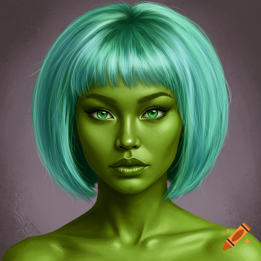 Portrait of a woman with green skin, blue-green hair, and emerald eyes.
