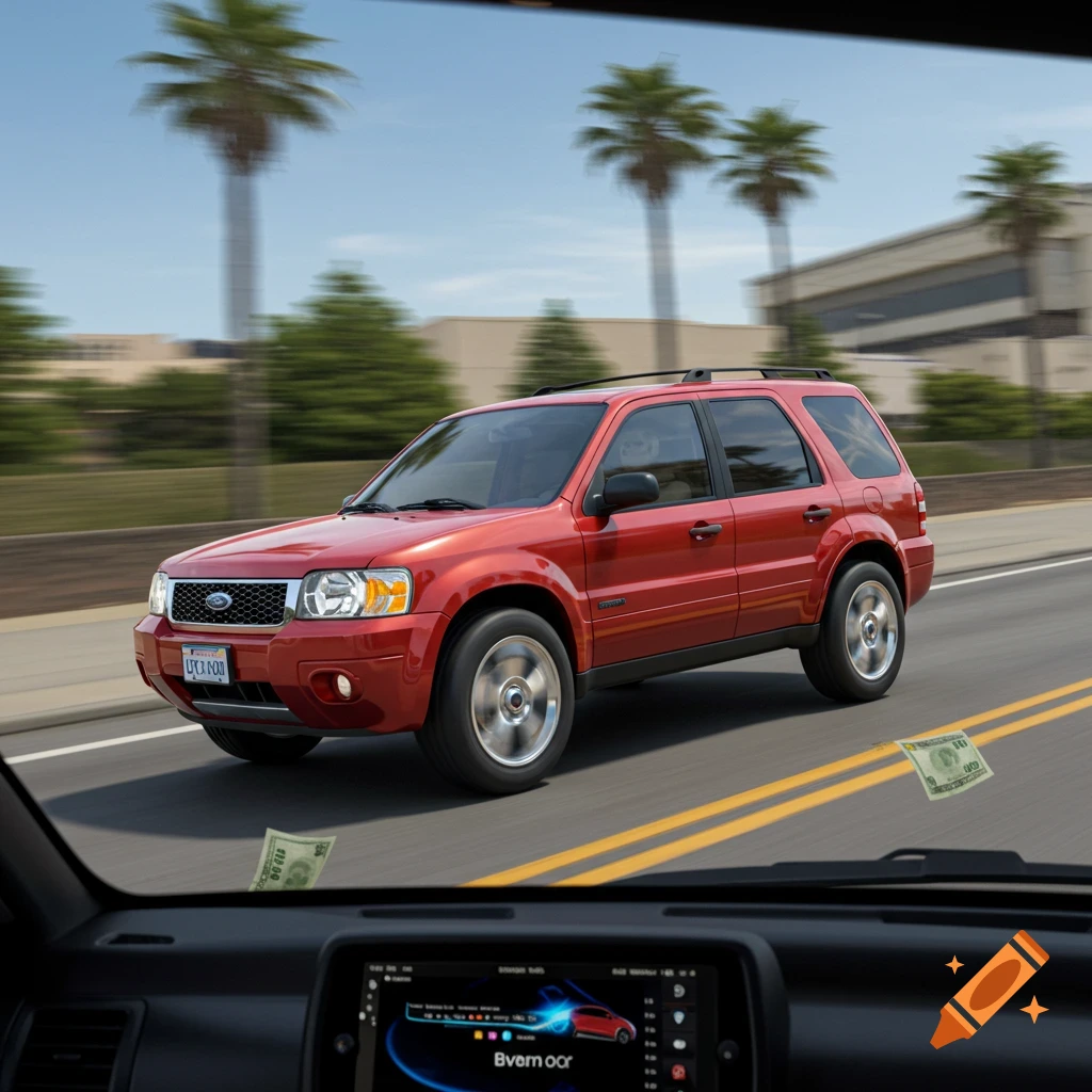 A red Ford Escape drives on a road with money flying around, seen from inside another car.