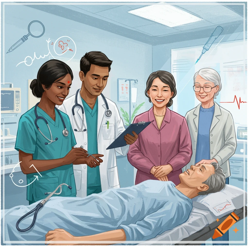 Healthcare workers consulting over a patient in a hospital room.