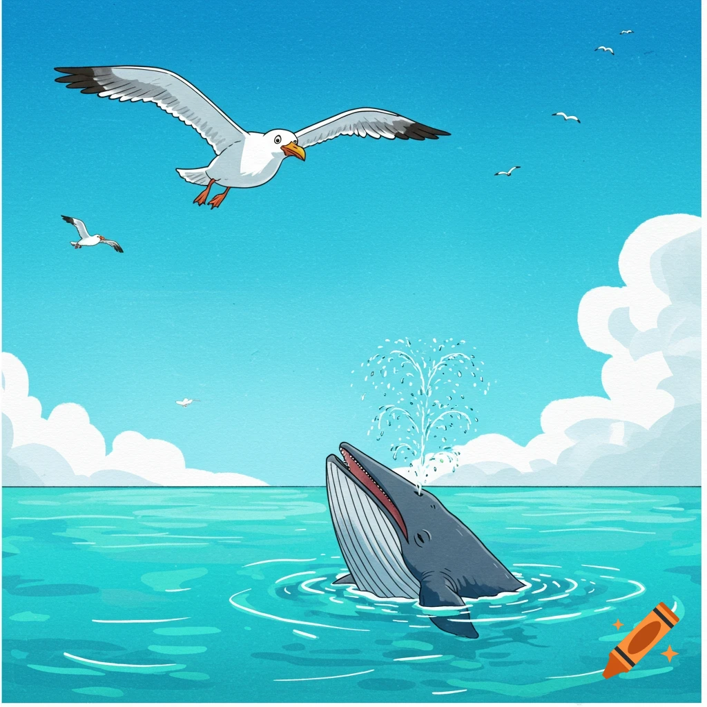 Watercolor-cartoon illustration of a seagull flying over a whale spouting water in the ocean under a blue sky.
