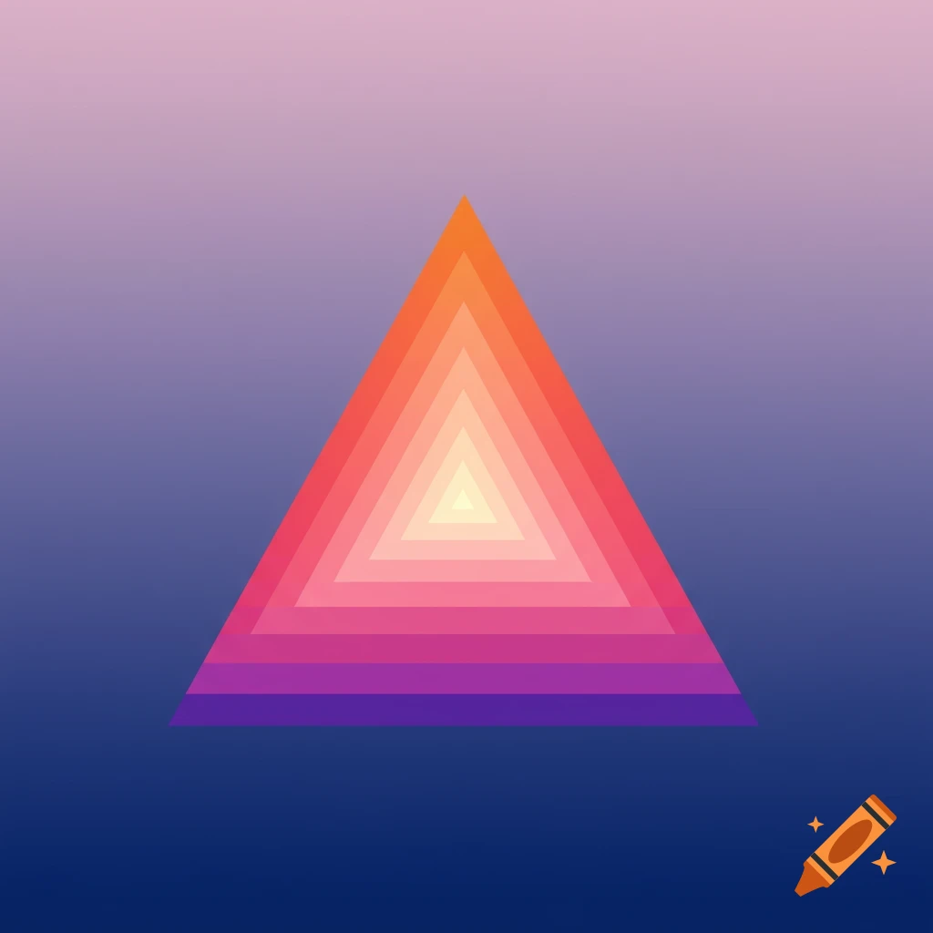 A triangle composed of horizontal color bands from yellow to orange, pink, and purple, set against a purple to blue gradient background.