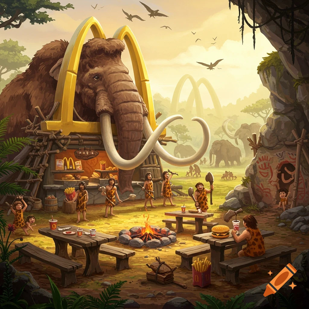 Cave people and mammoths are at a Stone Age McDonald's