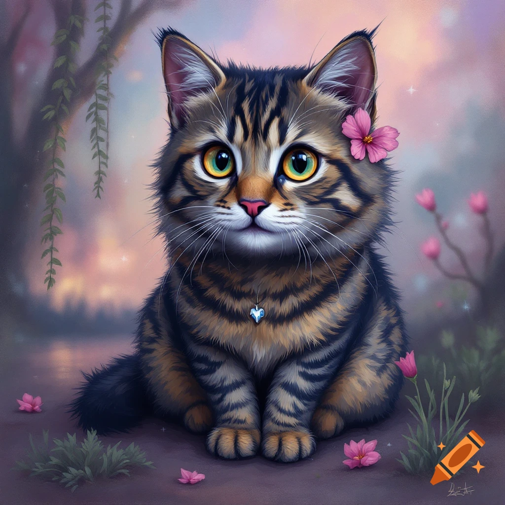 A cute tabby cat sits among pink flowers.