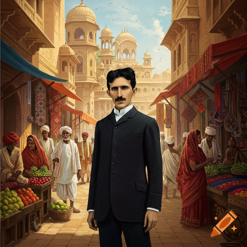 Image of Nikola Tesla in a busy Indian marketplace.