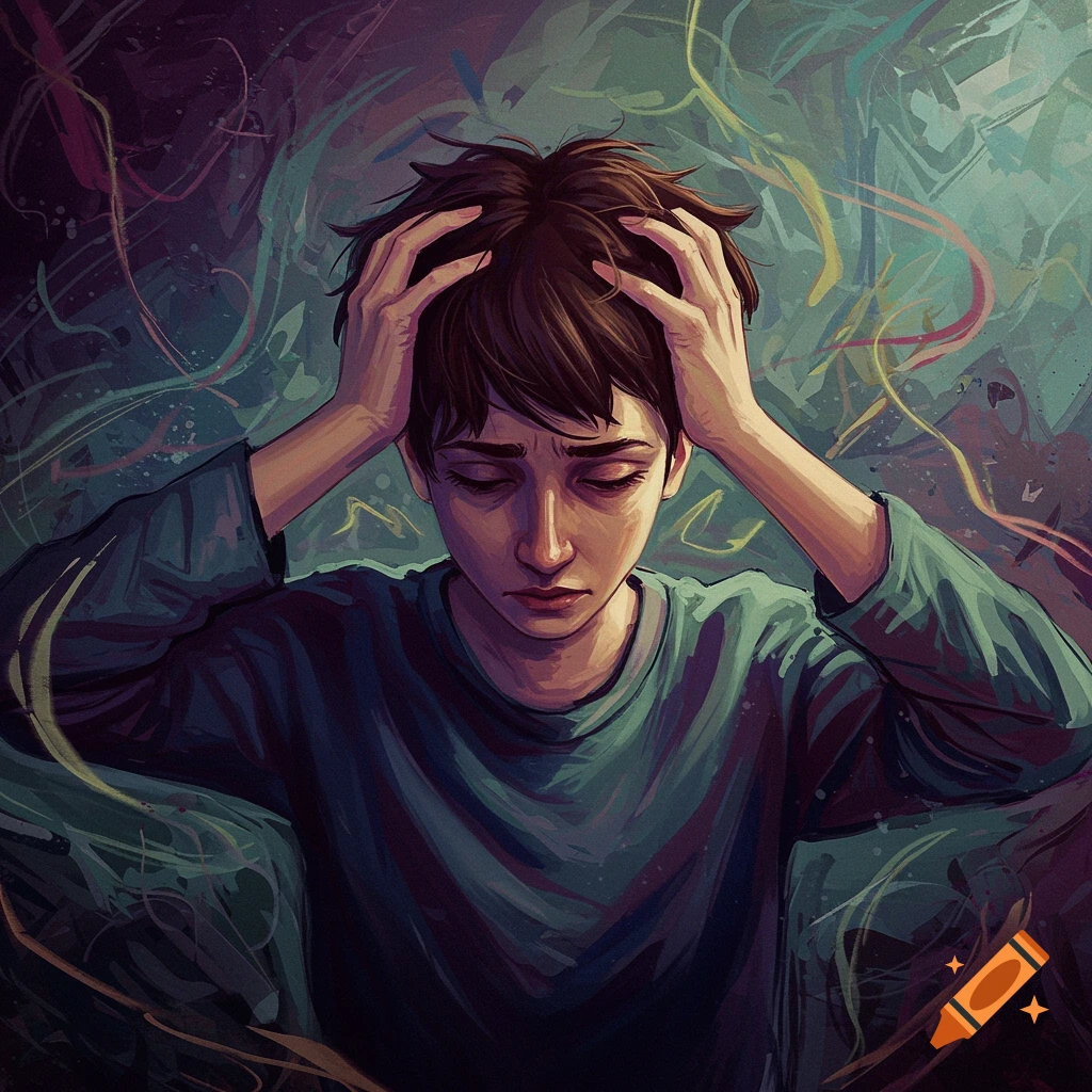 A person holding their head, looking down, surrounded by swirling abstract shapes, conveying introspection.