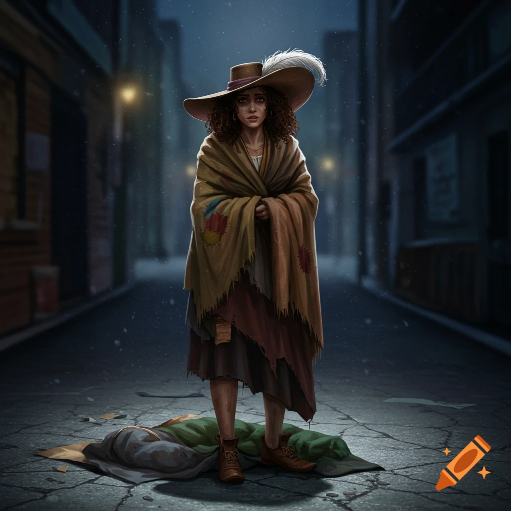 A sad woman in a wide-brimmed hat and rags standing in a dark, snowy street.