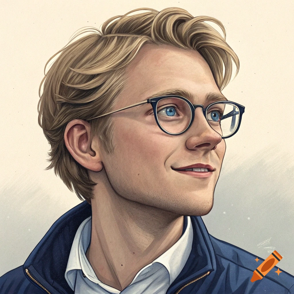A portrait illustration of a smiling man with blonde hair, blue eyes, and glasses, looking to the side.