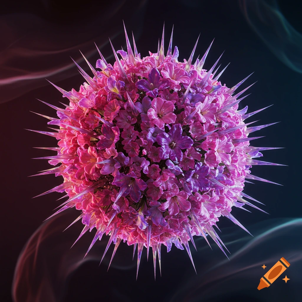 A sphere covered in pink and purple flowers and sharp spikes against a dark background.