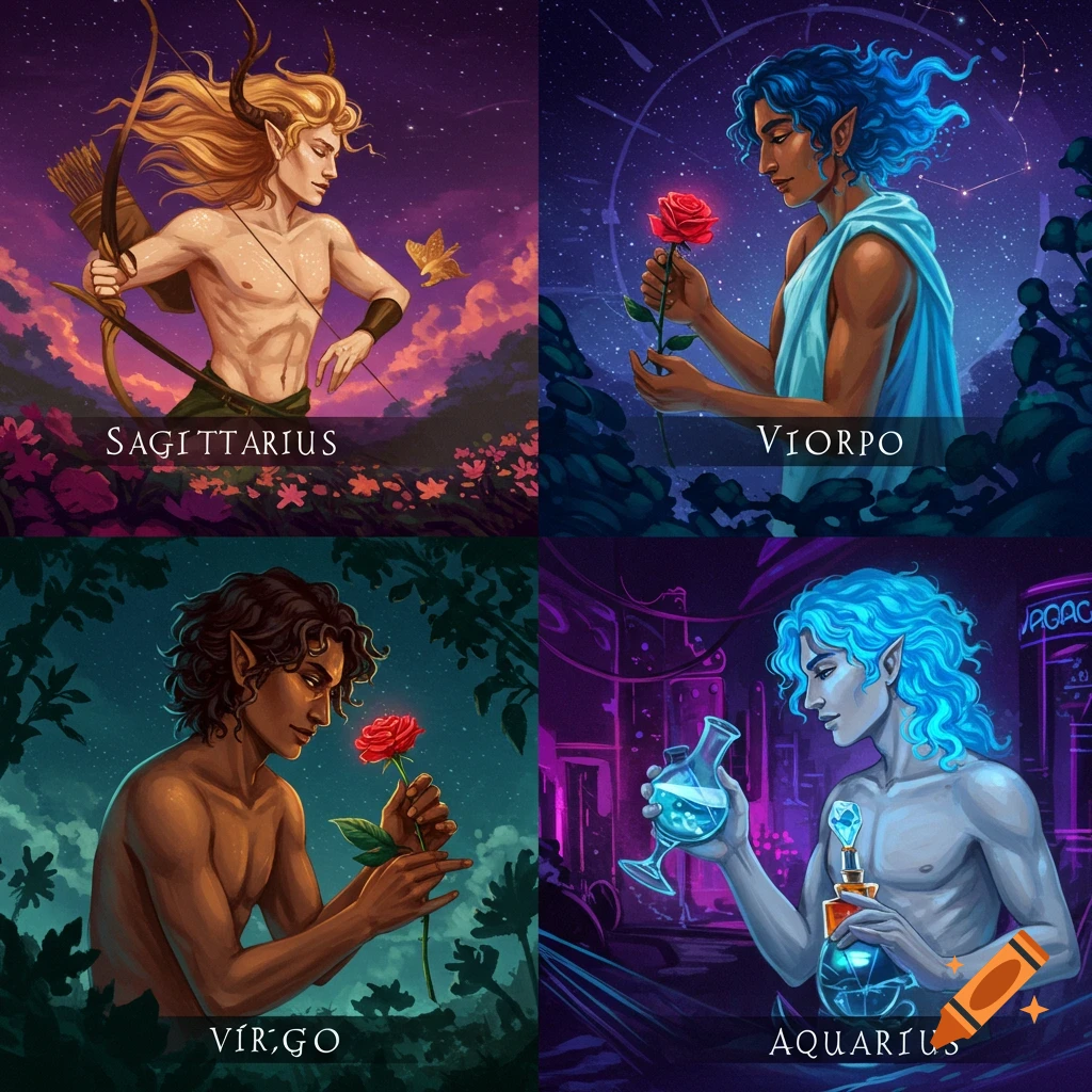 Four fantasy-style panels depict male figures representing zodiac signs: Sagittarius, Viorpo, Virgo, Aquarius.