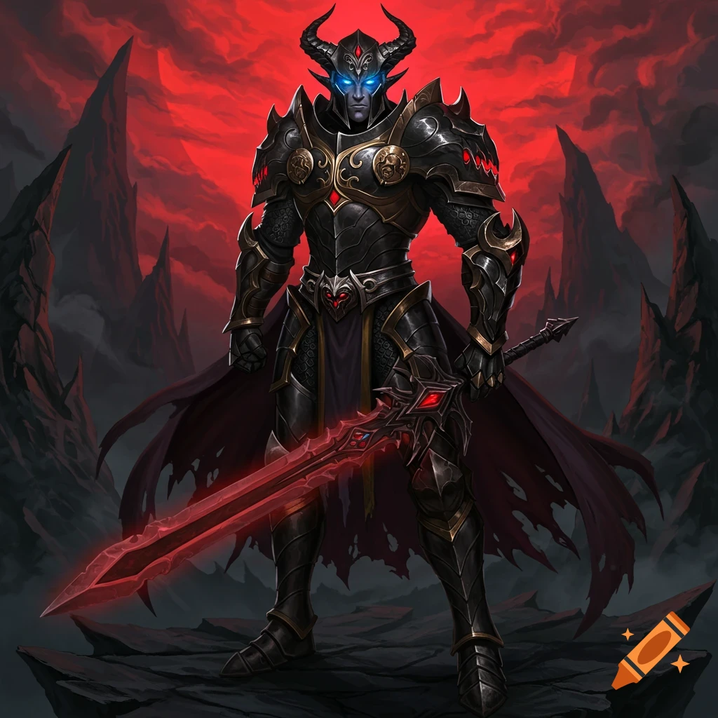 A dark fantasy warrior in armor holding a glowing sword.