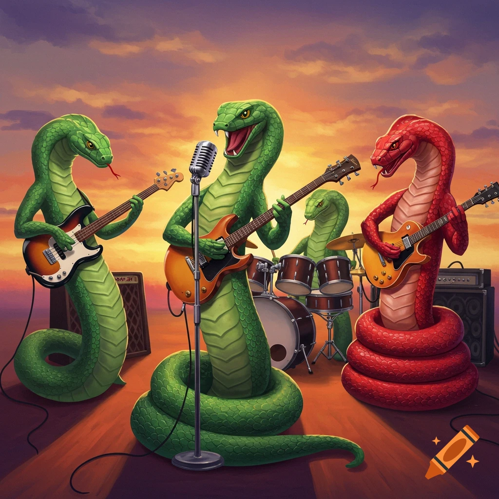A band of green and red snakes playing guitars and drums at sunset.