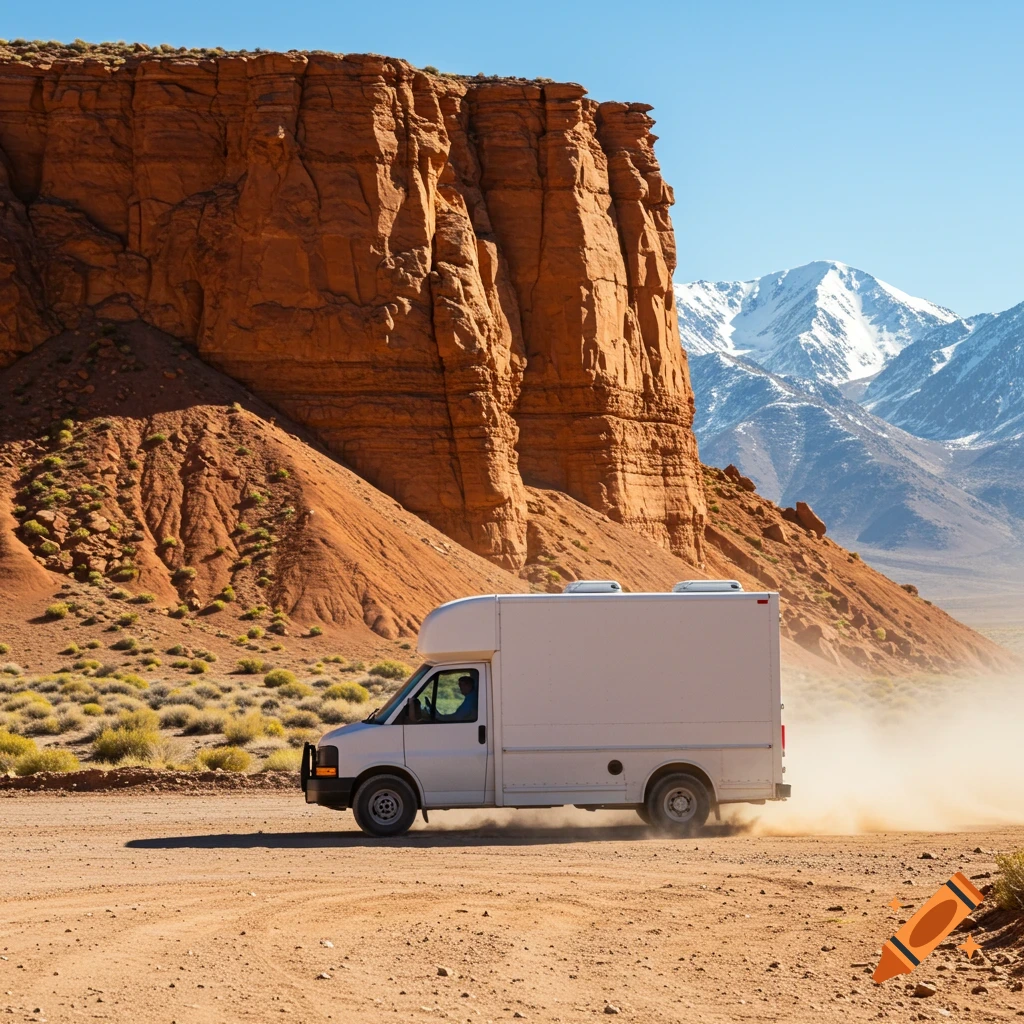 A white van drives on a dirt road kicking up dust, with a red rock cliff and snow-capped mountains in the background.