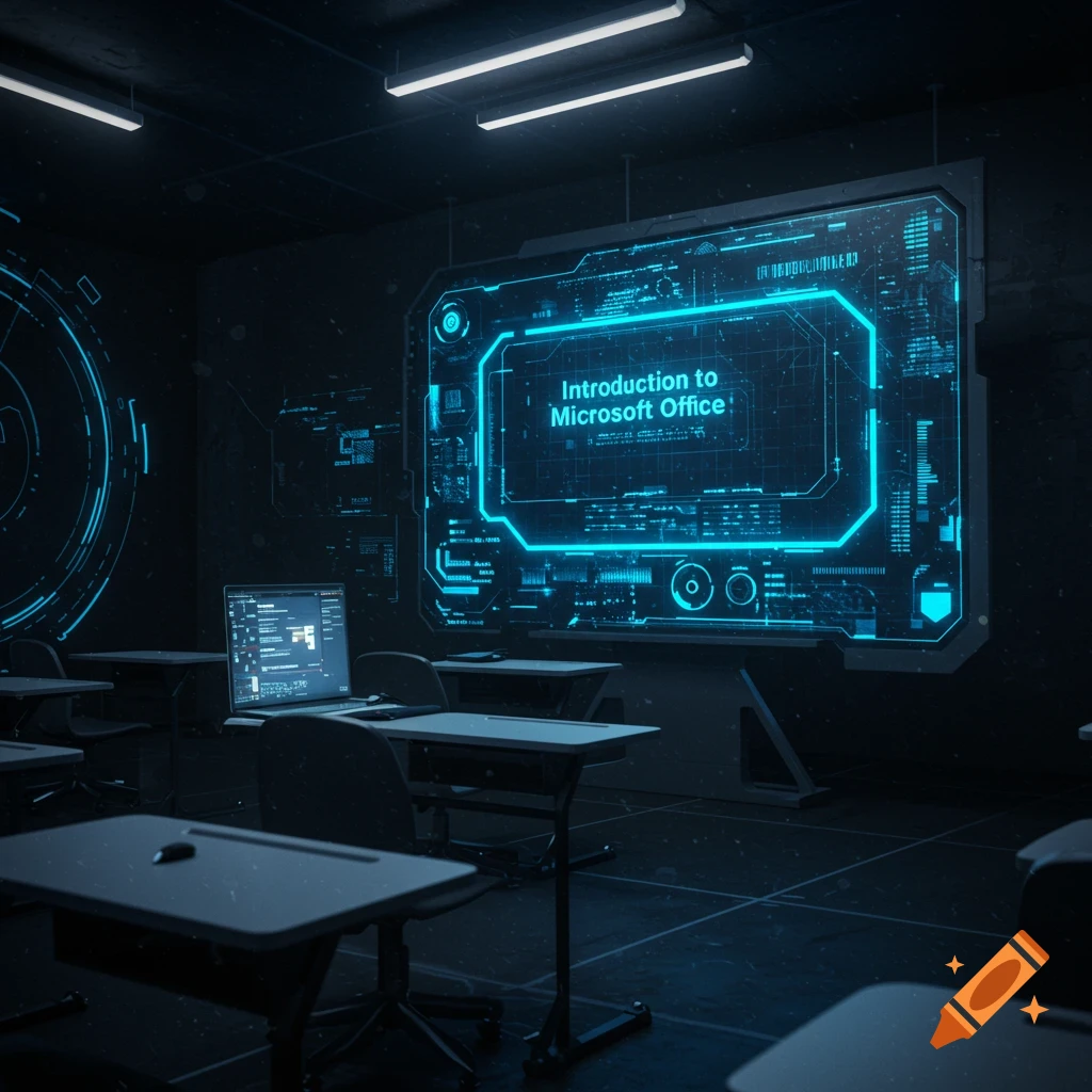Futuristic classroom with a large screen displaying 'Introduction to Microsoft Office'.